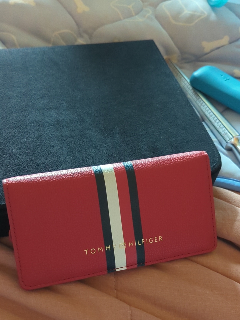 Tommy Hilfiger Red Card Holder with Navy and White Center Stripe